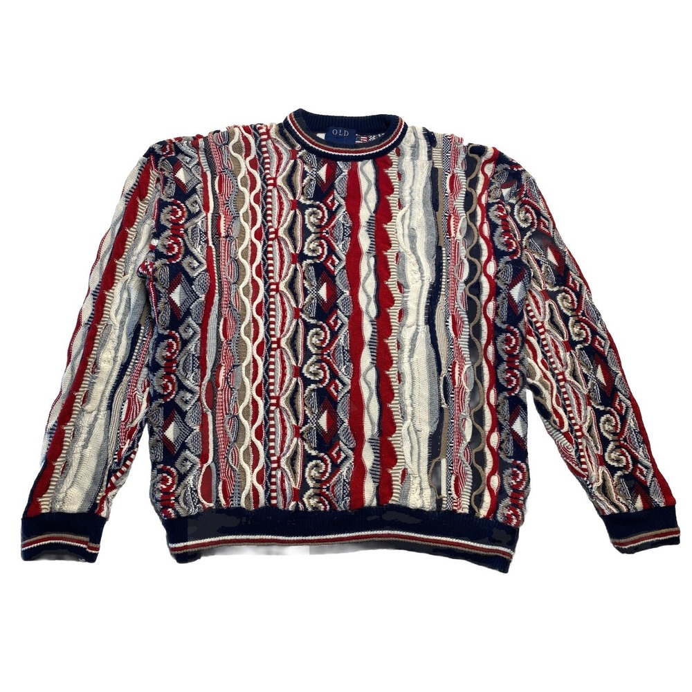 Old Glory 3D Knit Sweater Men's Large Coogi Style USA‎ Red White Blue Vintage